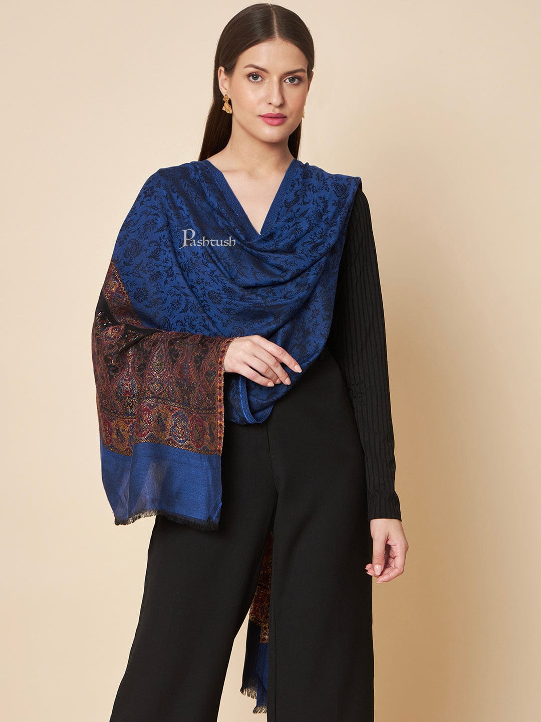 Pashtush India Womens Stoles and Scarves Scarf Pashtush Womens Bamboo Stole, Zari Design, Black And Mustard