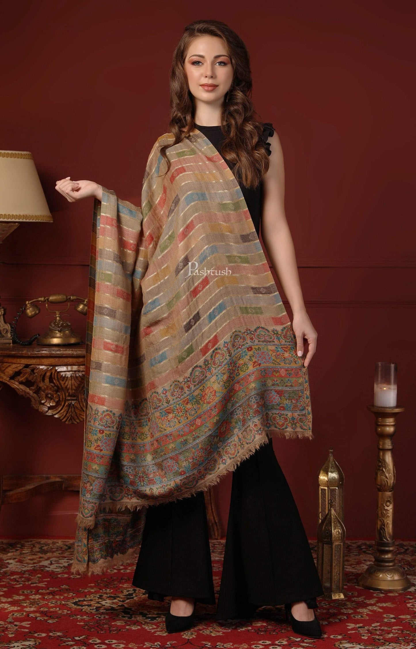 Pashtush India 100x200 Pashtush Womens Beige Pure Wool Woven Design Kaani Shawl beige