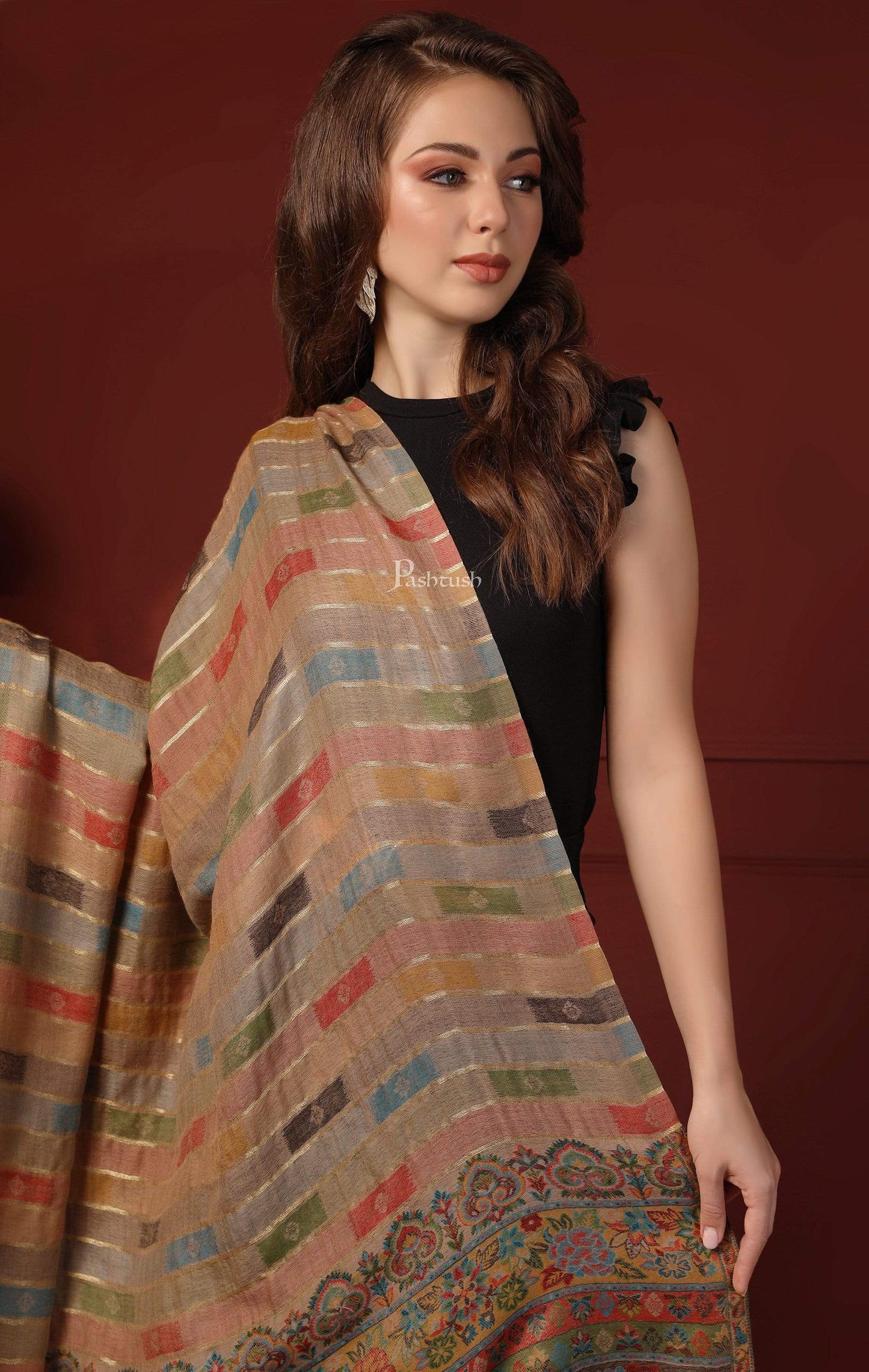 Pashtush India 100x200 Pashtush Womens Beige Pure Wool Woven Design Kaani Shawl beige