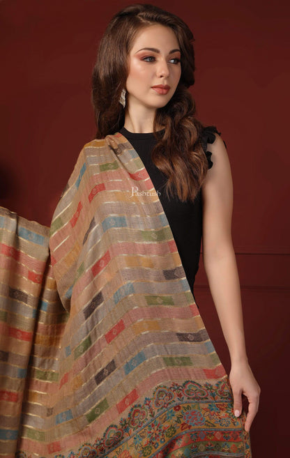 Pashtush India 100x200 Pashtush Womens Beige Pure Wool Woven Design Kaani Shawl beige