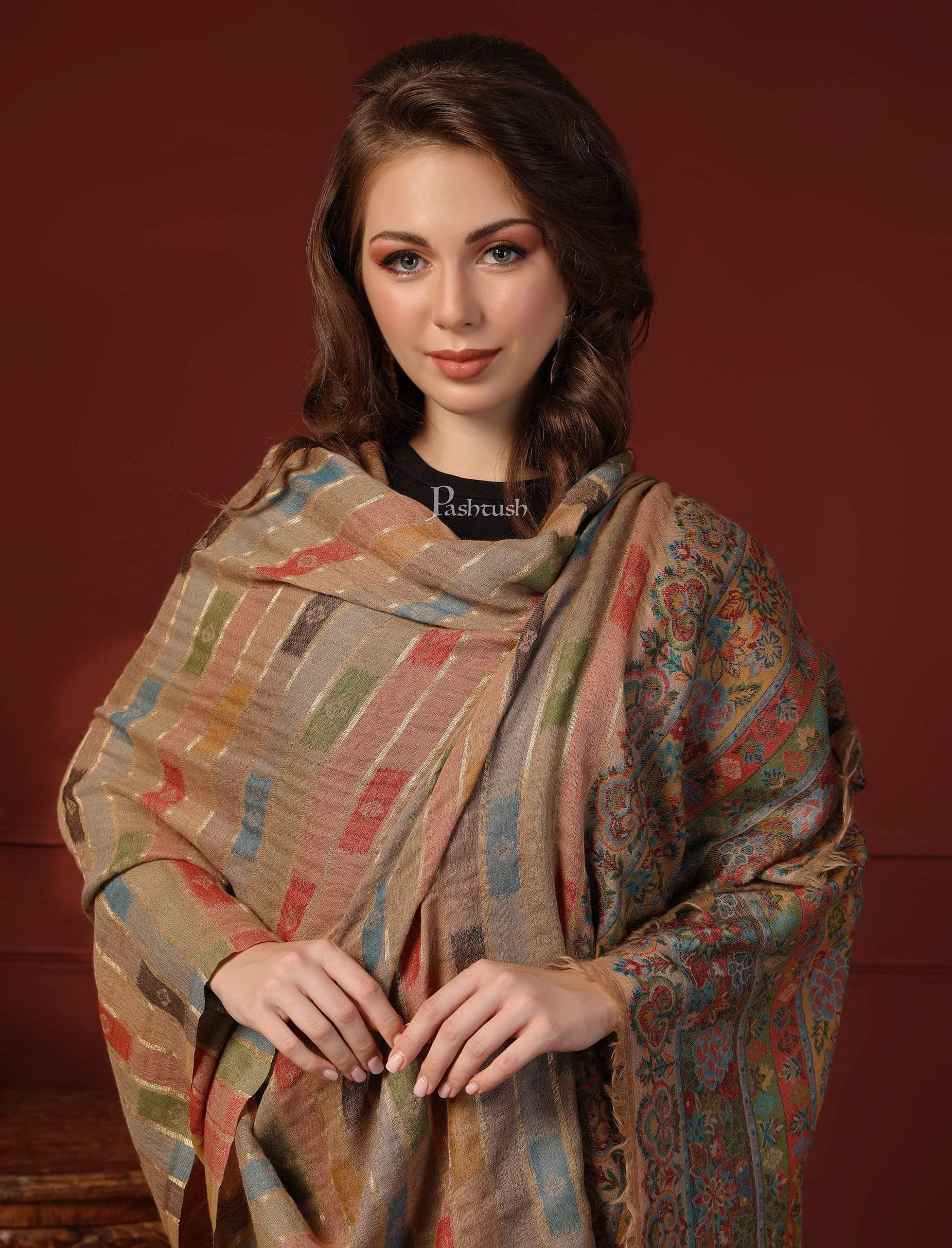 Pashtush India 100x200 Pashtush Womens Beige Pure Wool Woven Design Kaani Shawl beige