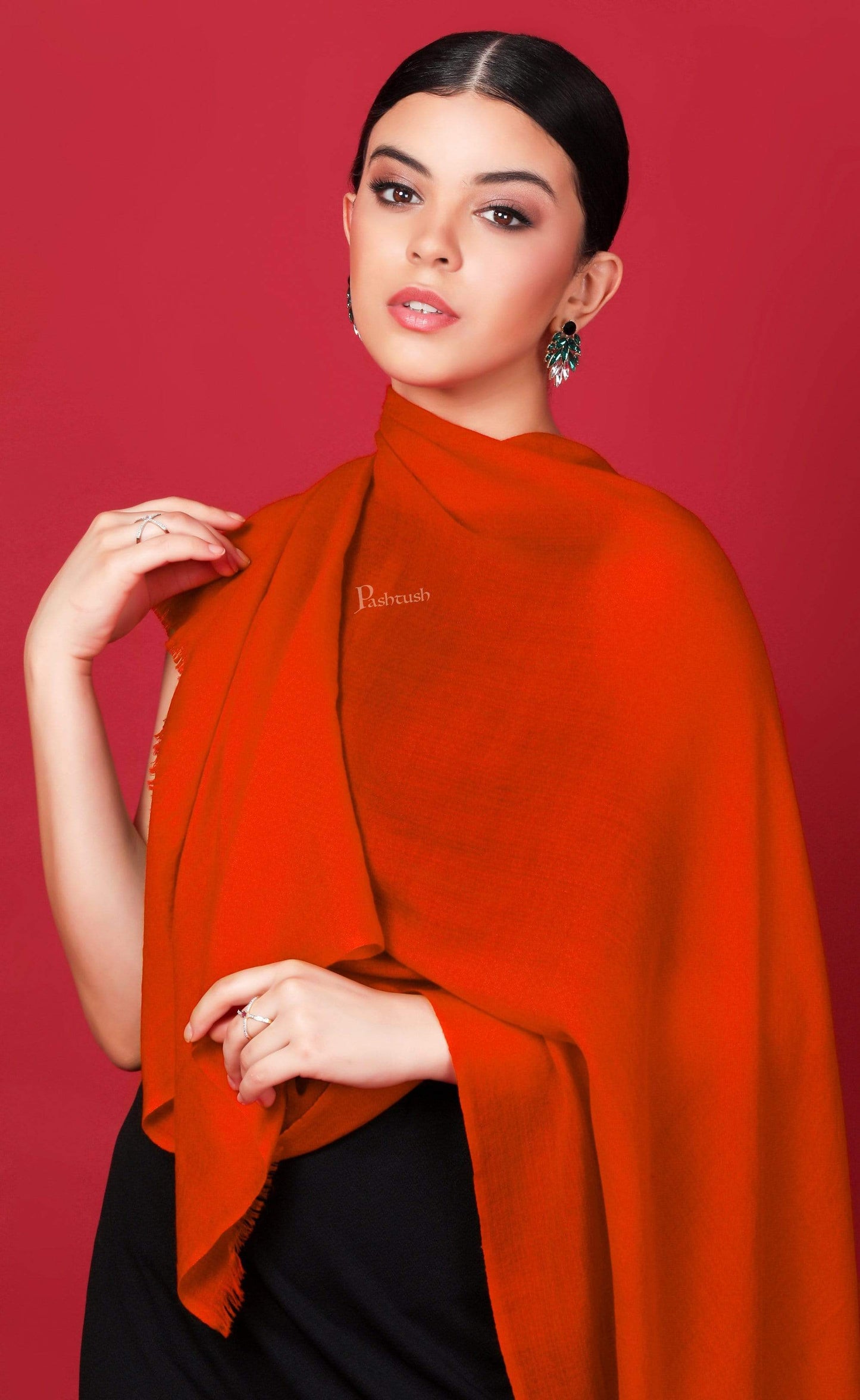 Pashtush Shawl Store Stole Pashtush Womens Cashmere Pashmina Scarf, Diamond Weave, Deep Orange