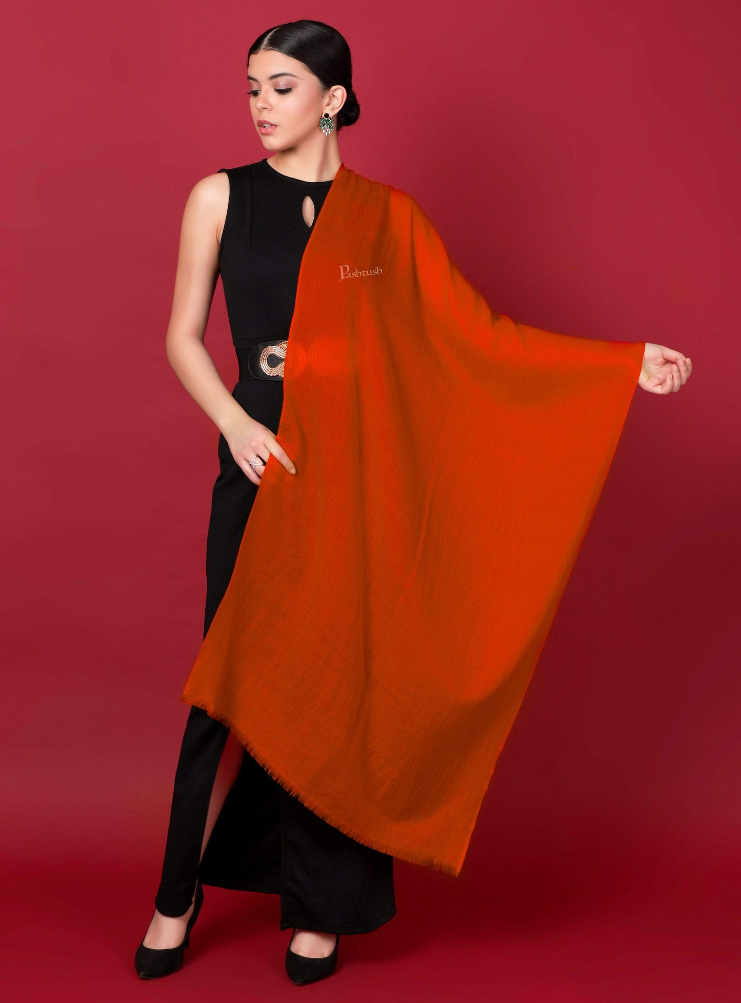 Pashtush Shawl Store Stole Pashtush Womens Cashmere Pashmina Scarf, Diamond Weave, Deep Orange