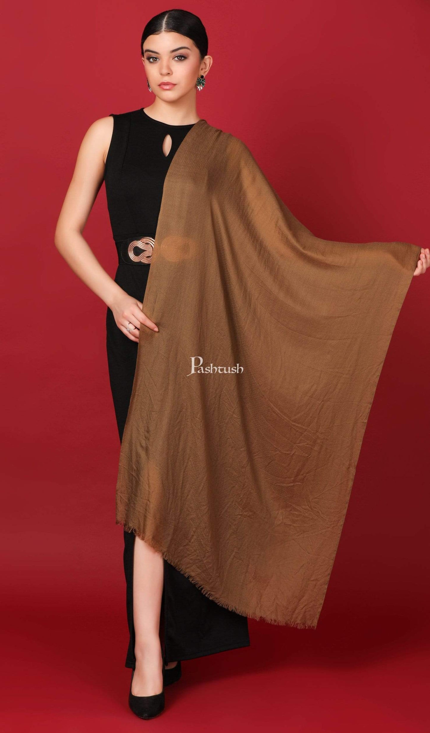 Pashtush Shawl Store Stole Pashtush Womens Cashmere Pashmina Scarf, Diamond Weave, Earthy Tan