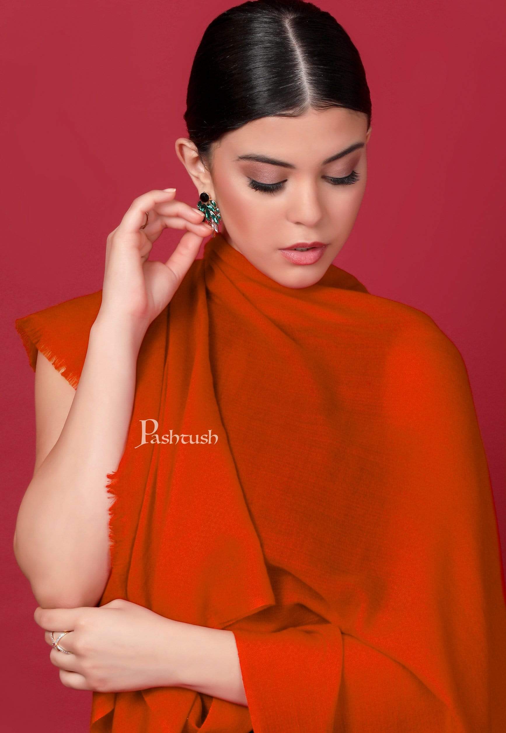 Pashtush India 70x200 Pashtush Womens Cashmere Pashmina Scarf, Diamond Weave, Orange