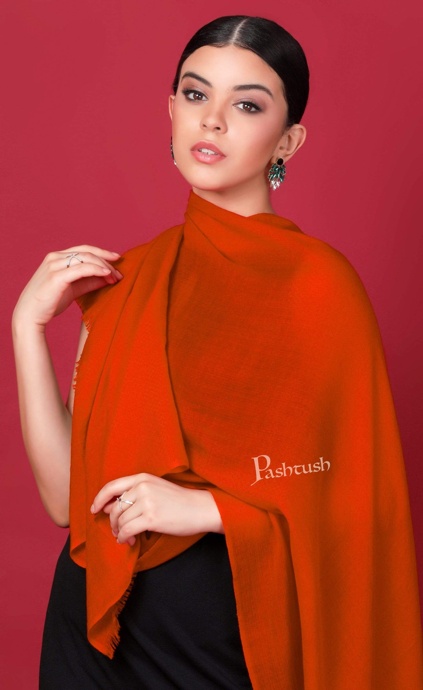 Pashtush India 70x200 Pashtush Womens Cashmere Pashmina Scarf, Diamond Weave, Orange