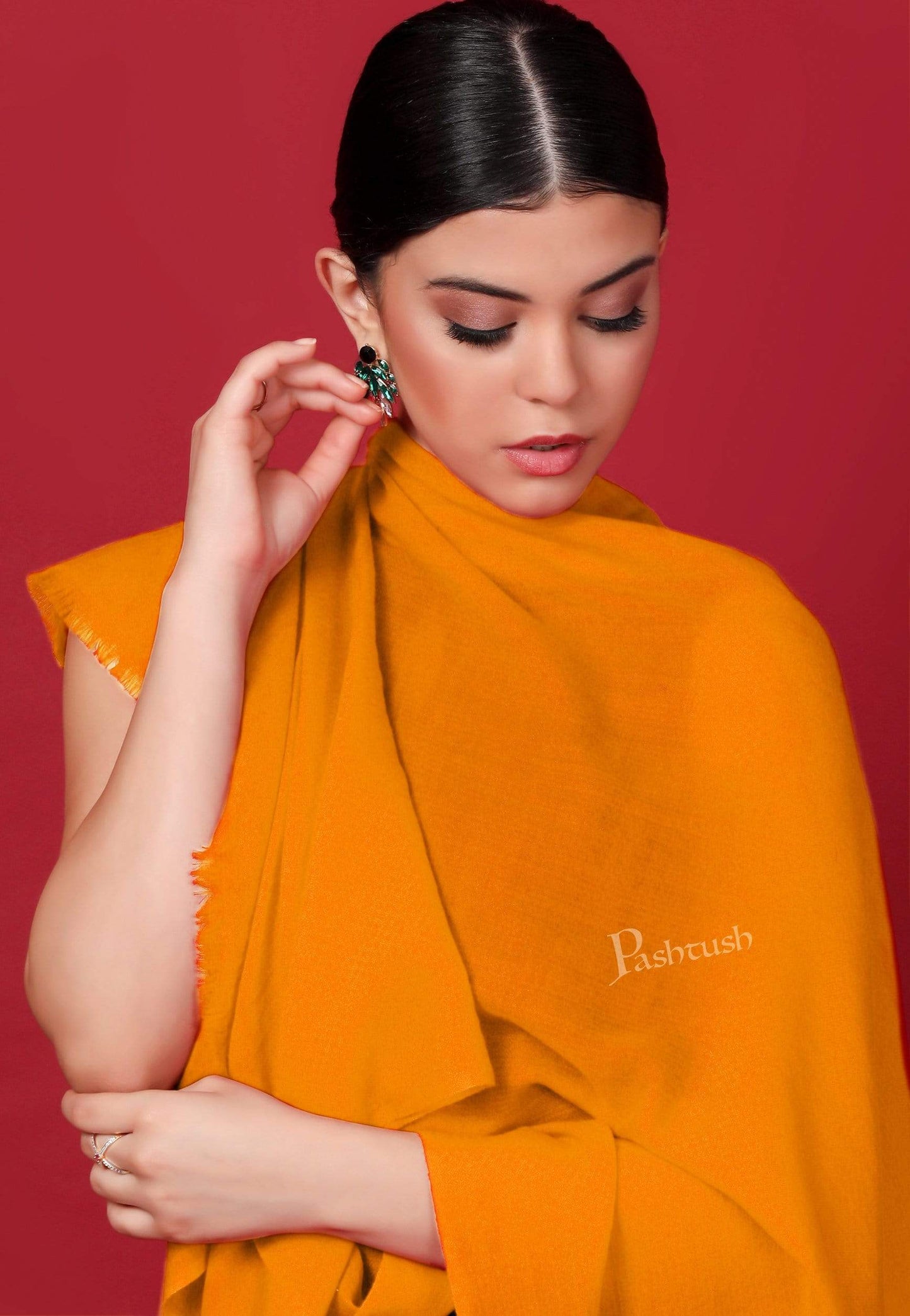 Pashtush India 70x200 Pashtush Womens Cashmere Pashmina Scarf, Diamond Weave, Vibrant Orange