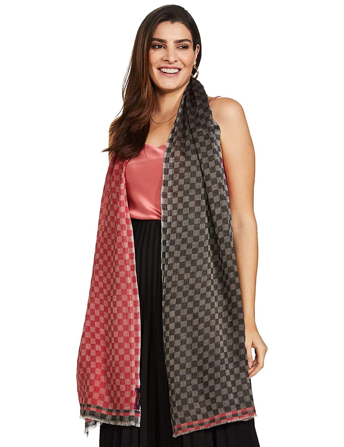 Pashtush India 70x200 Pashtush Womens Cashmere Wool Scarf, Reversible Weave, Twin Checks Scarf