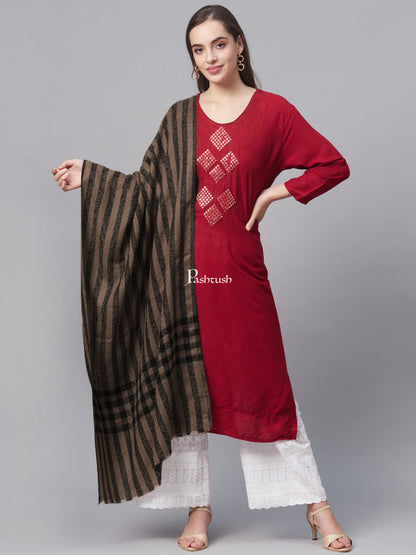 Pashtush India Womens Stoles and Scarves Scarf Pashtush Womens Check Striped Pattern, Self Weave Stole, Fine Wool, Black