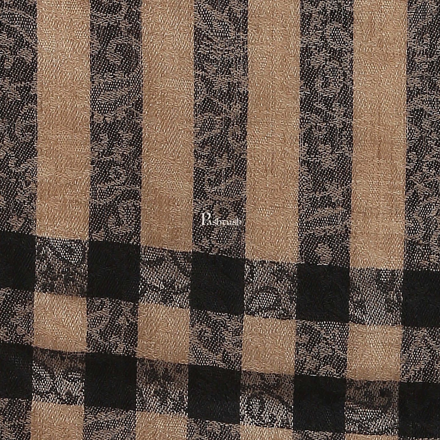 Pashtush India Womens Stoles and Scarves Scarf Pashtush Womens Check Striped Pattern, Self Weave Stole, Fine Wool, Black