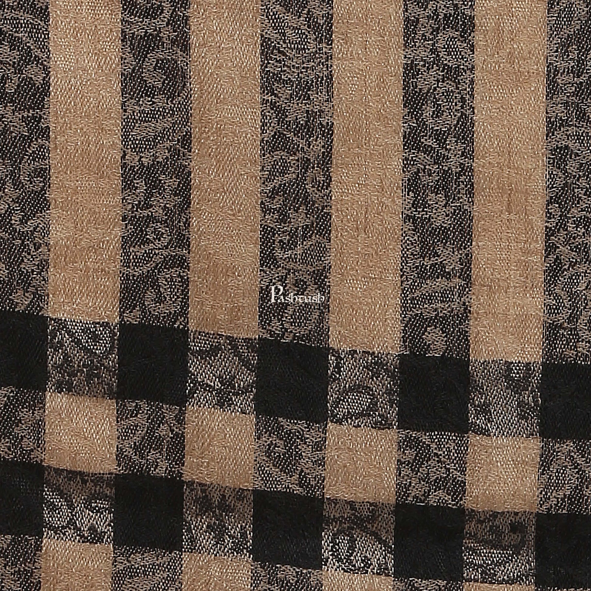 Pashtush India Womens Stoles and Scarves Scarf Pashtush Womens Check Striped Pattern, Self Weave Stole, Fine Wool, Black