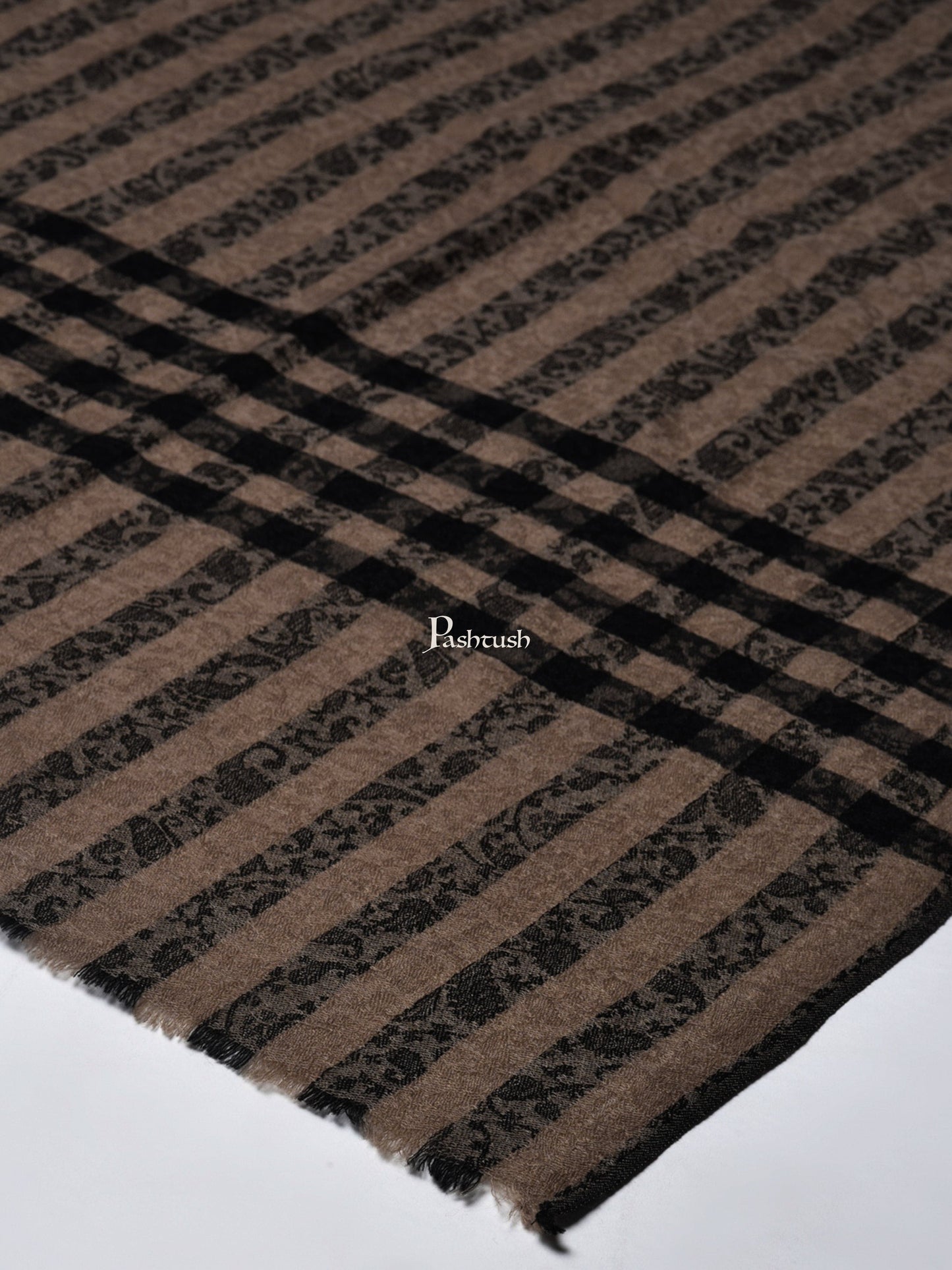 Pashtush India Womens Stoles and Scarves Scarf Pashtush Womens Check Striped Pattern, Self Weave Stole, Fine Wool, Black