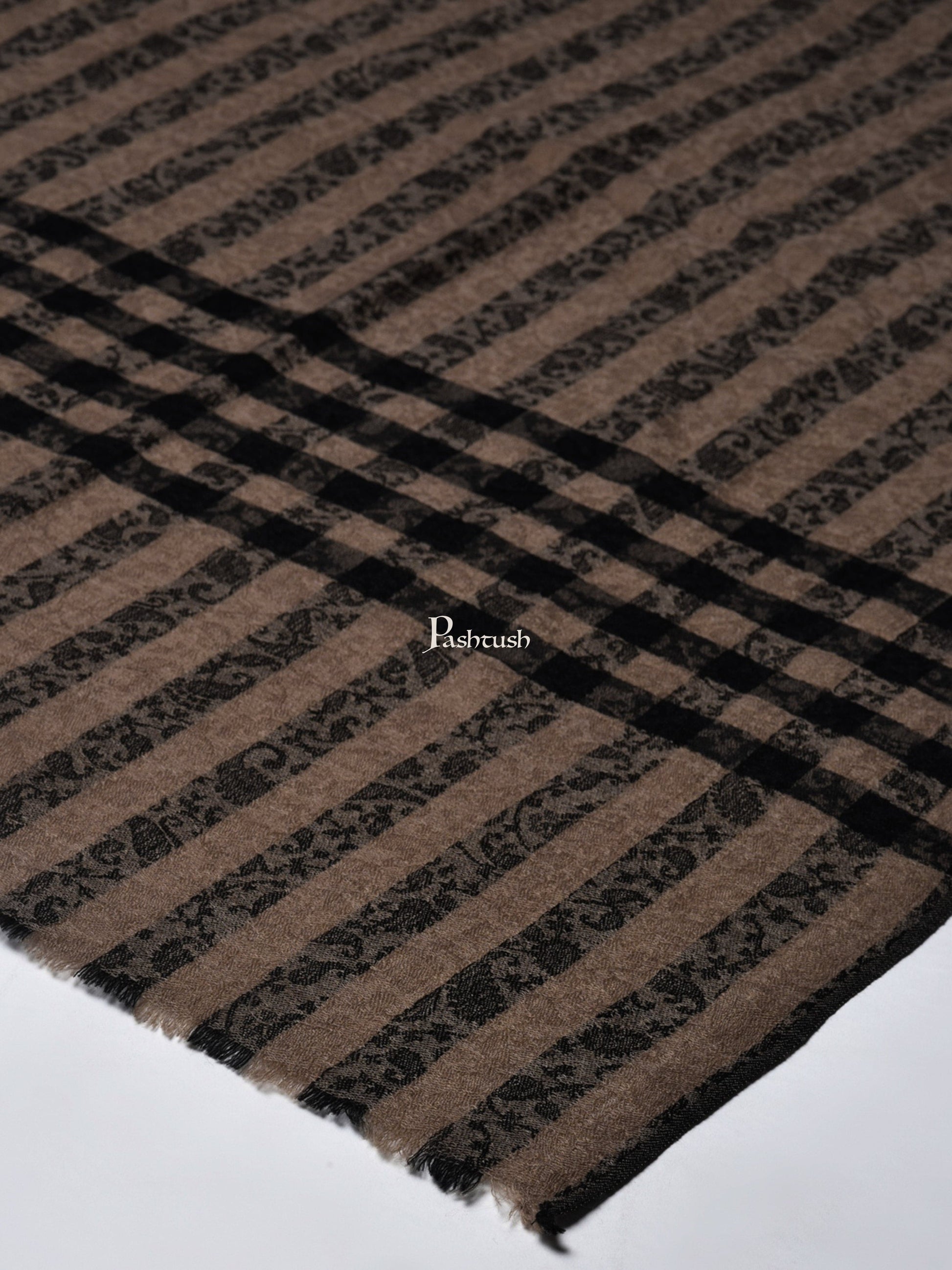 Pashtush India Womens Stoles and Scarves Scarf Pashtush Womens Check Striped Pattern, Self Weave Stole, Fine Wool, Black