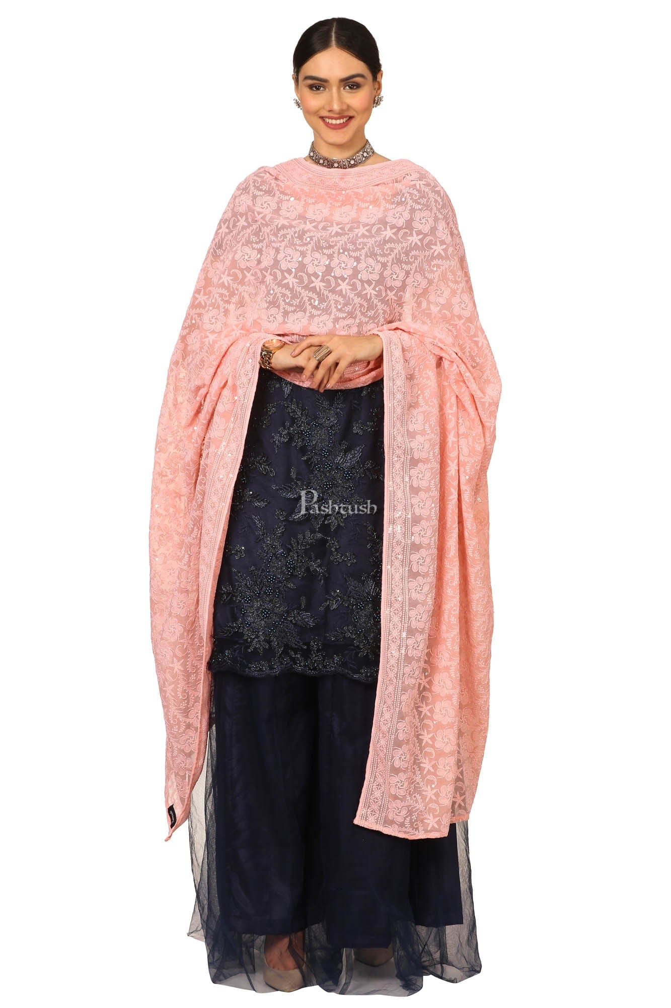 Pashtush India Womens Dupatta Pashtush Womens Chiffon Dupatta With Embrodiery, Nude Peach