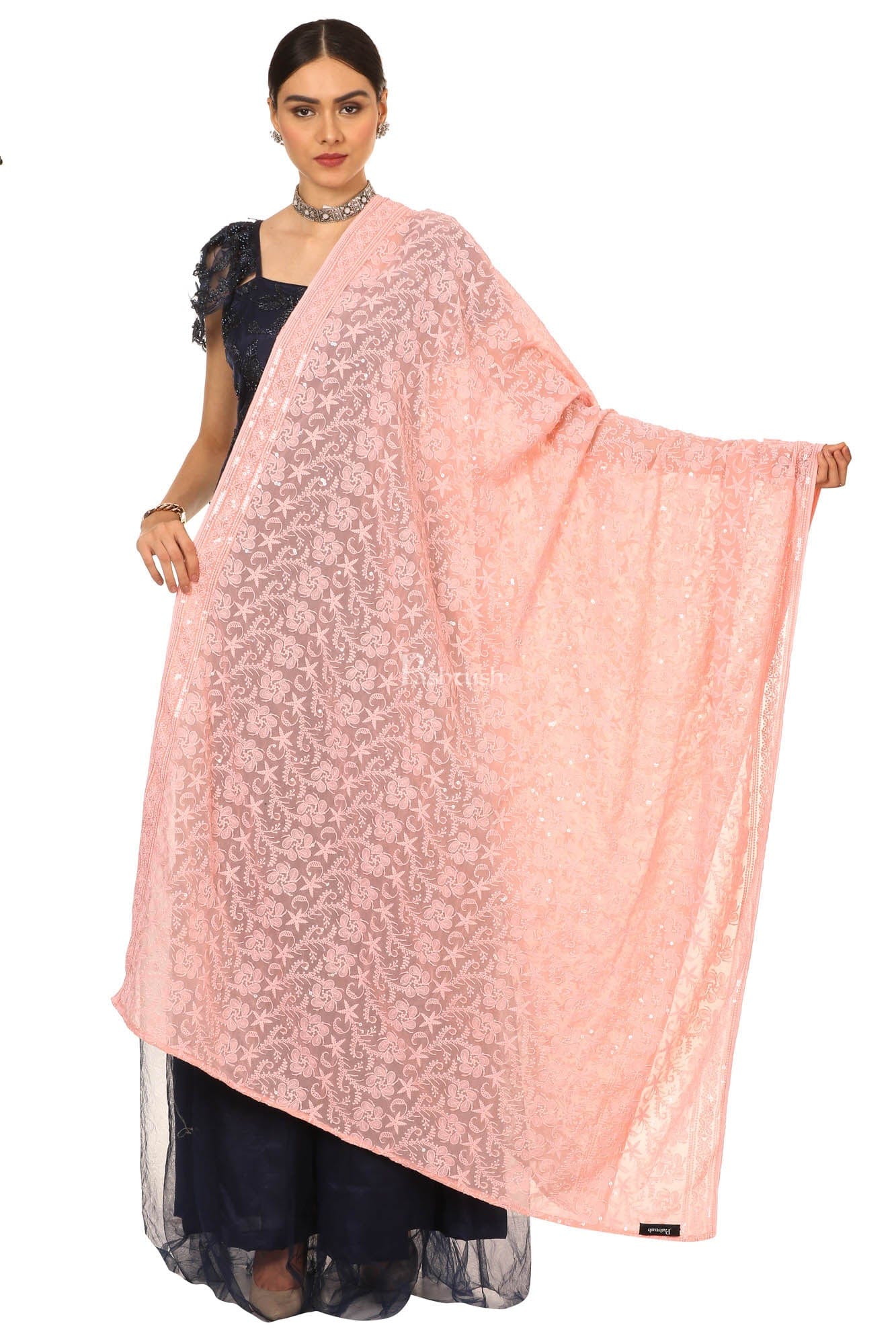 Pashtush India Womens Dupatta Pashtush Womens Chiffon Dupatta With Embrodiery, Nude Peach