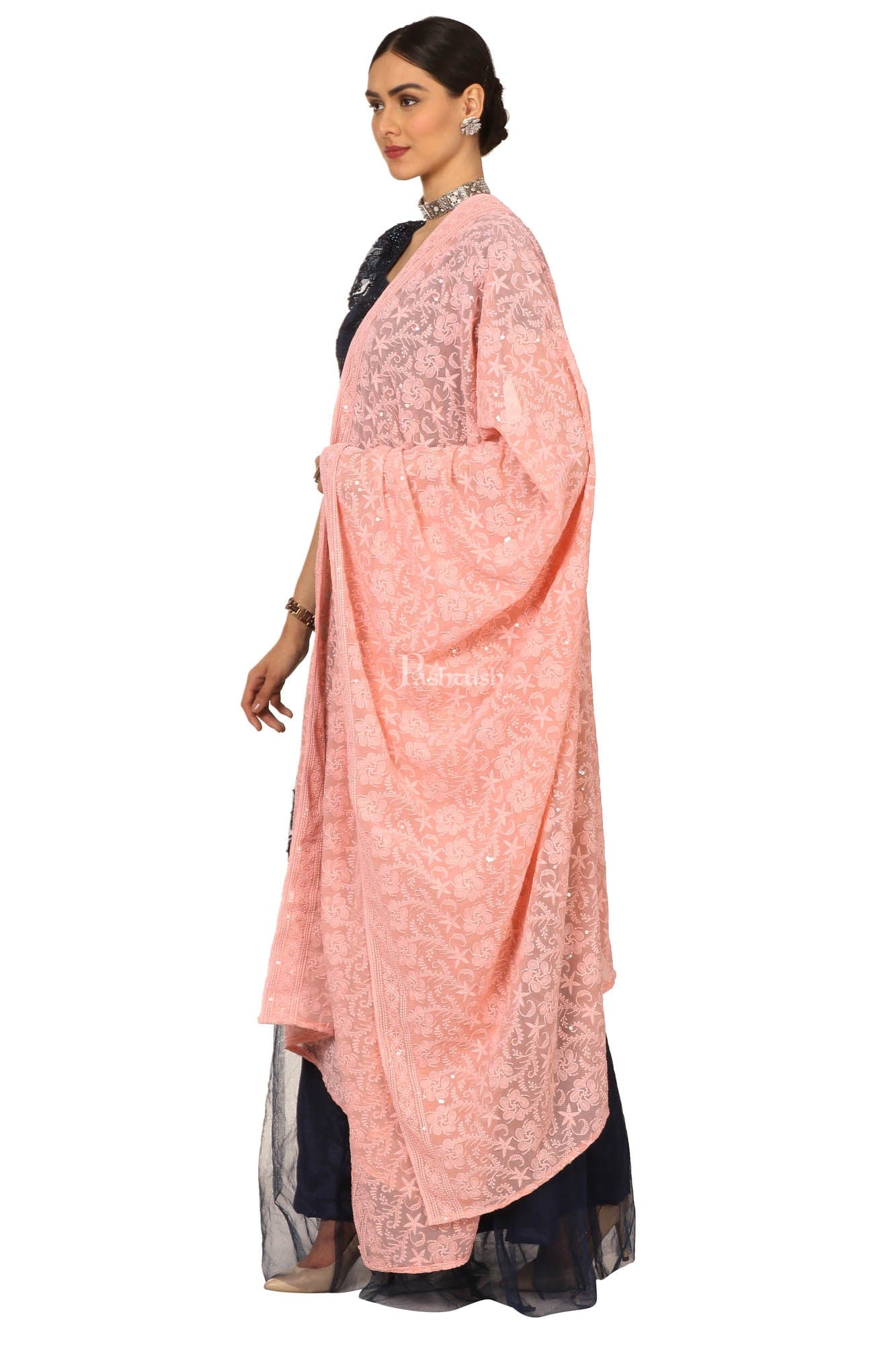 Pashtush India Womens Dupatta Pashtush Womens Chiffon Dupatta With Embrodiery, Nude Peach