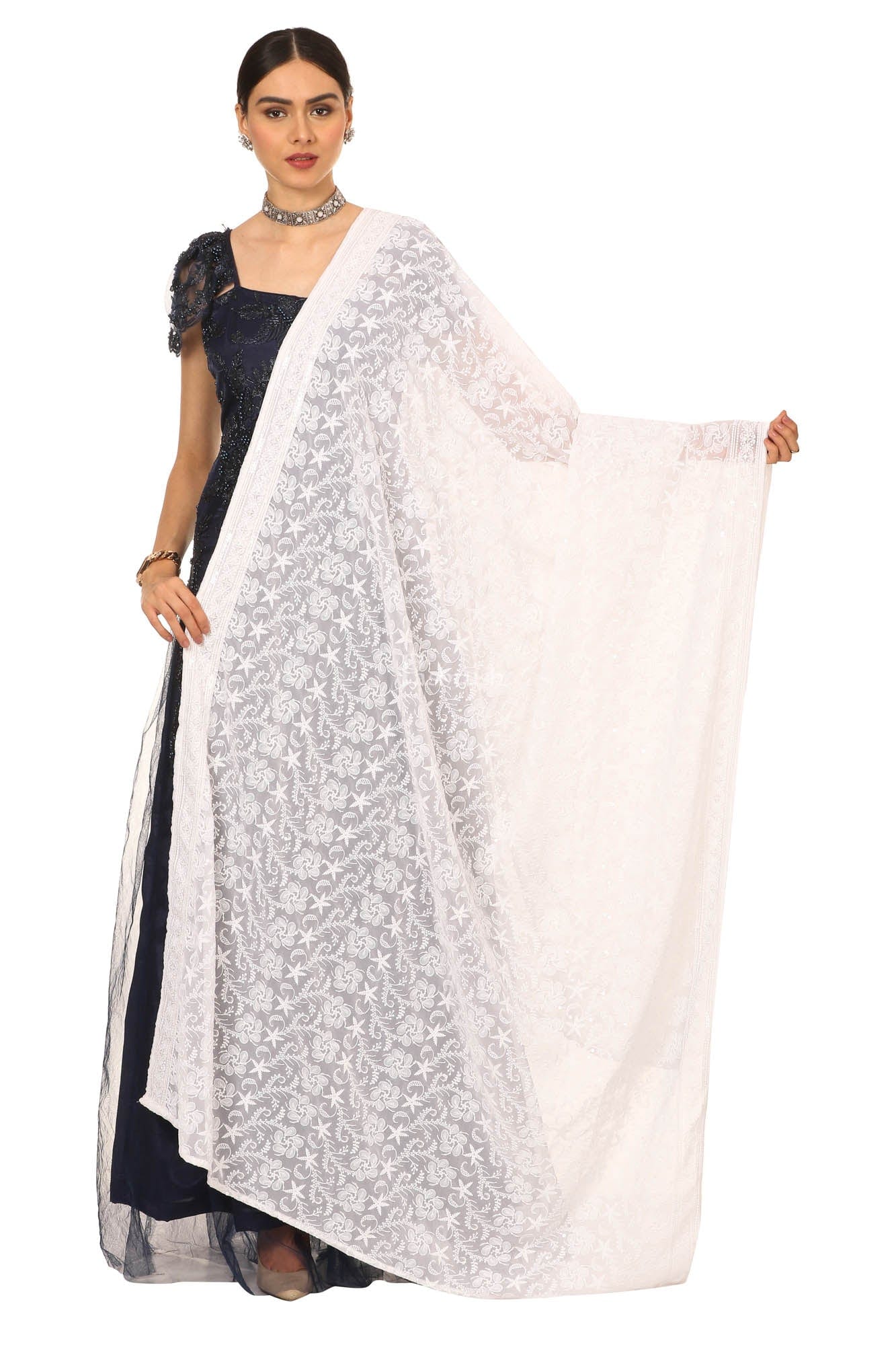 Pashtush India Womens Dupatta Pashtush Womens Chiffon Dupatta With Embrodiery - White