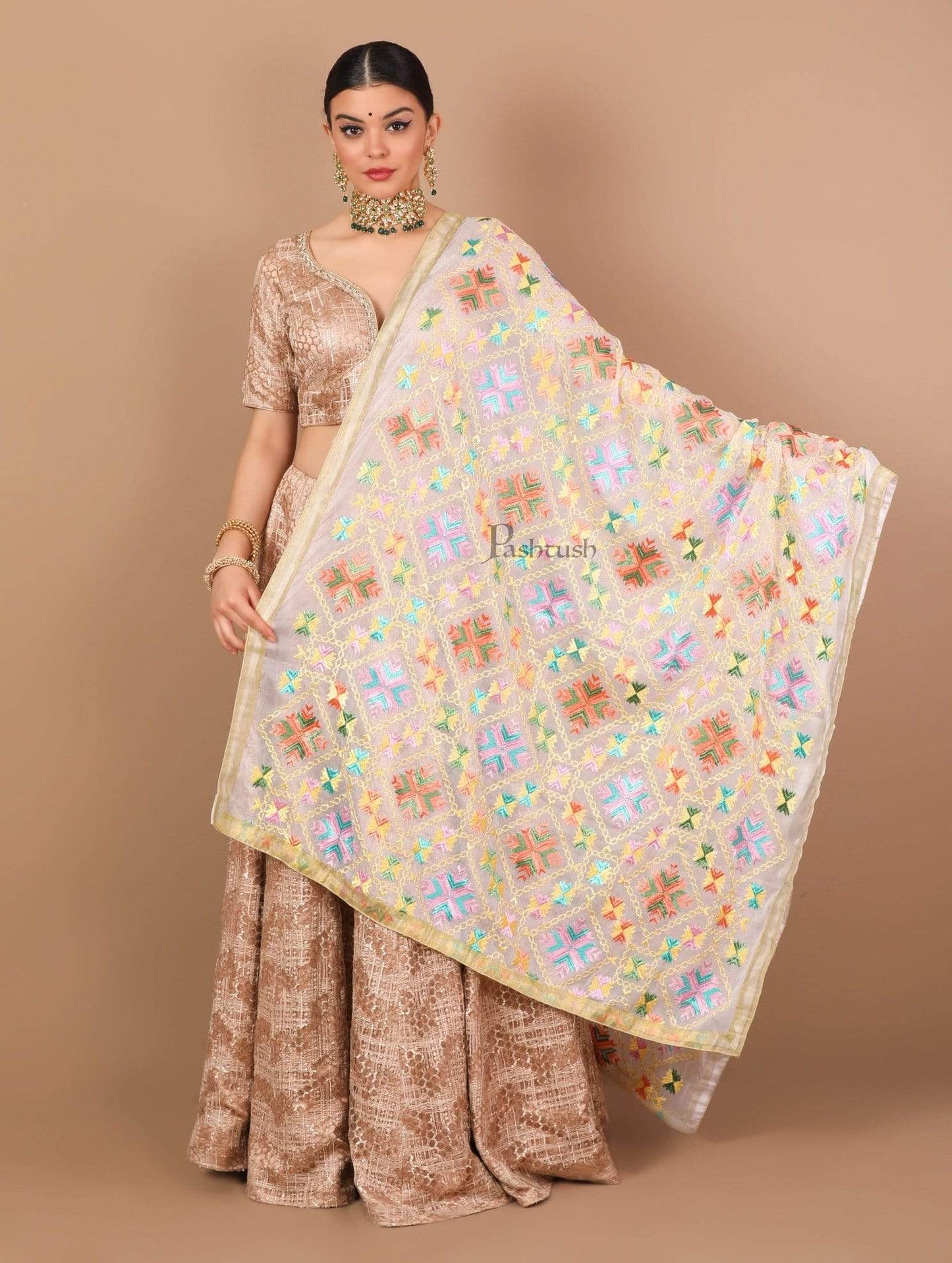 Pashtush Shawl Store Dupatta Pashtush Womens Chiffon Dupatta with Multicoloured Embroidery, Phulkari