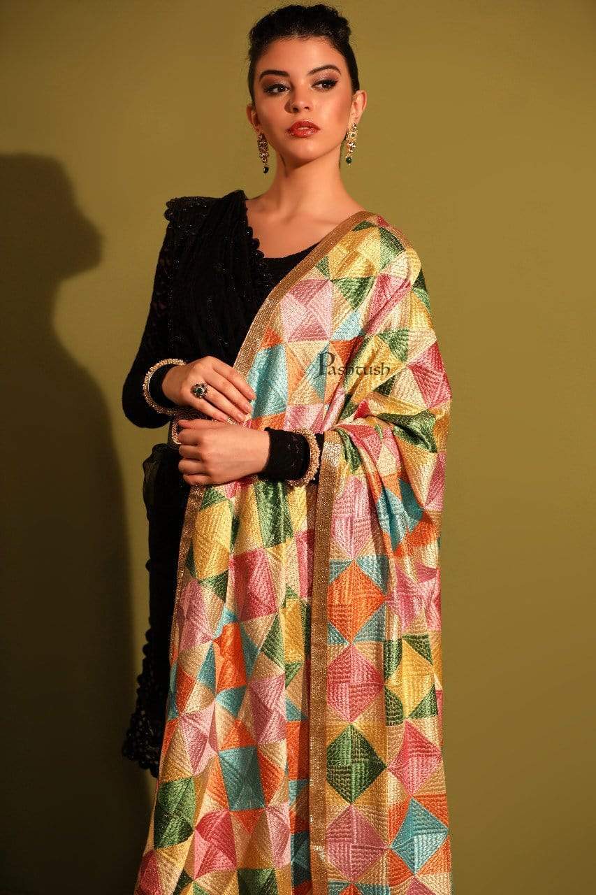 Pashtush India 114x228 Pashtush Womens Chiffon Dupatta with Multicoloured Embroidery, Phulkari