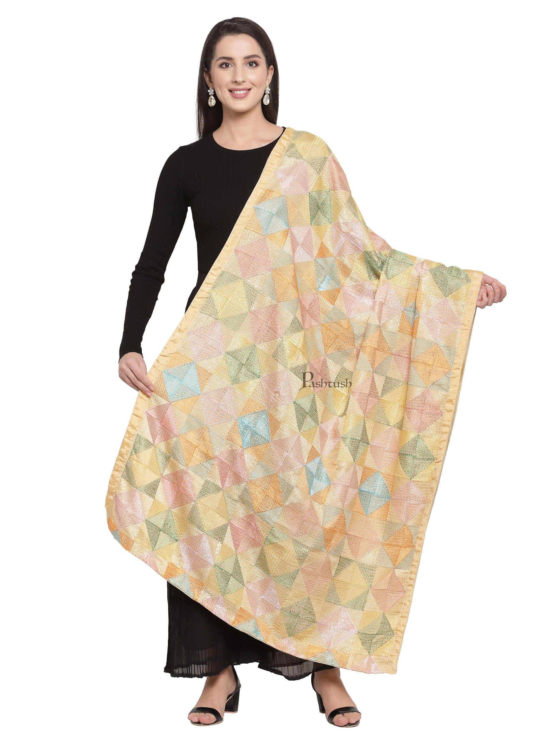 Pashtush India Womens Dupatta Pashtush Womens Chiffon Dupatta With Multicoloured Embroidery, Phulkari