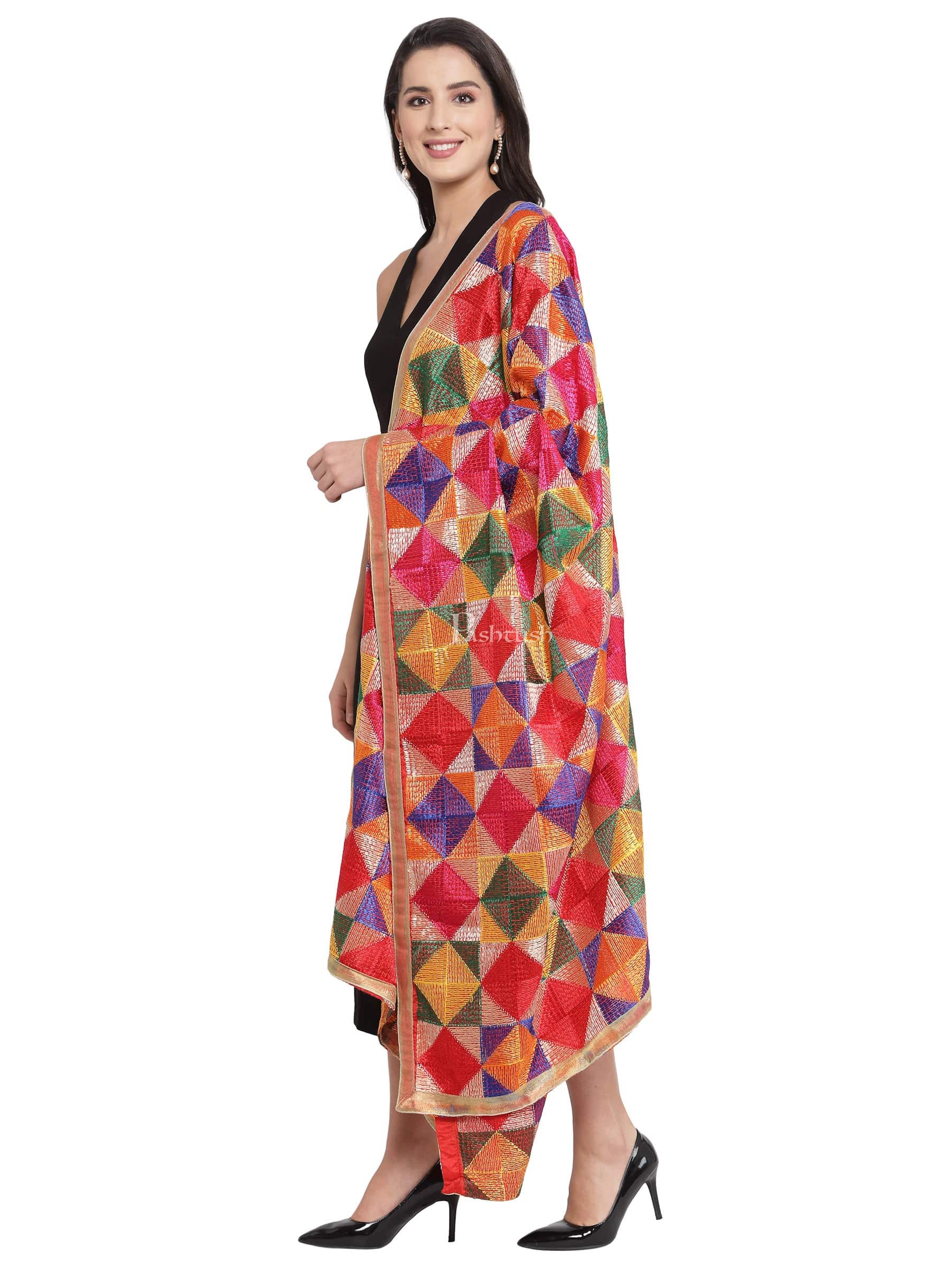 Pashtush India Womens Dupatta Pashtush Womens Chiffon Dupatta With Multicoloured Embroidery, Phulkari
