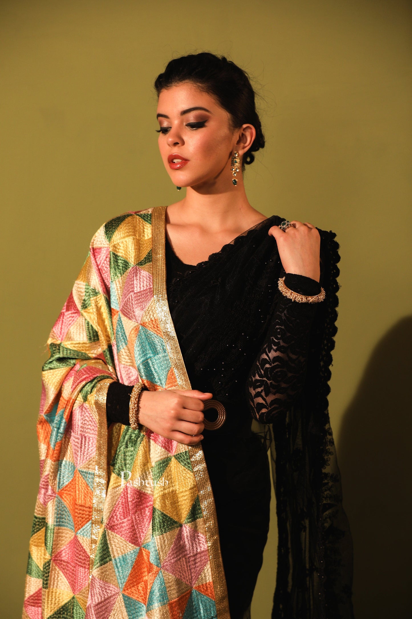 Pashtush India Womens Dupatta Pashtush Womens Chiffon Dupatta With Multicoloured Embroidery, Phulkari