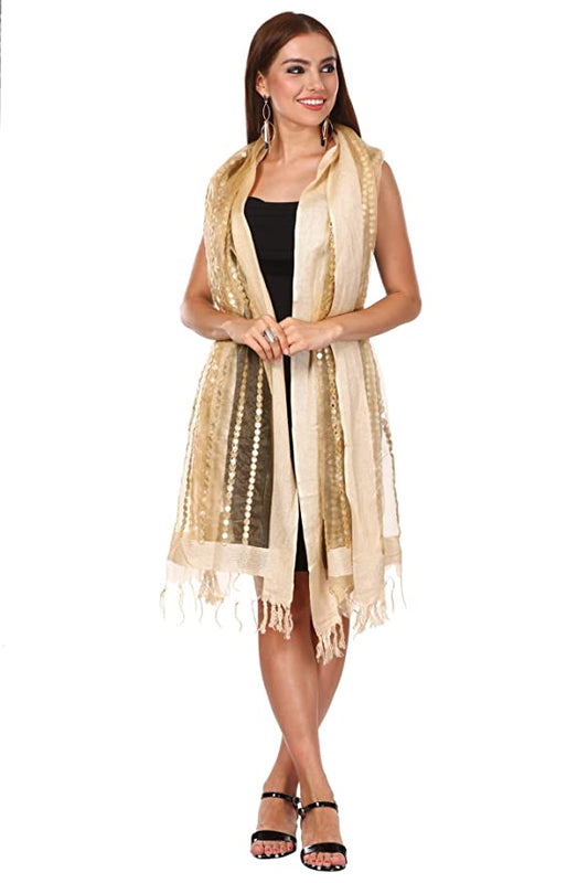 Pashtush Womens Chiffon Handmade Dupatta With Sequin And Mirror Work Embroidery, Light Weight, Beige, Free Size