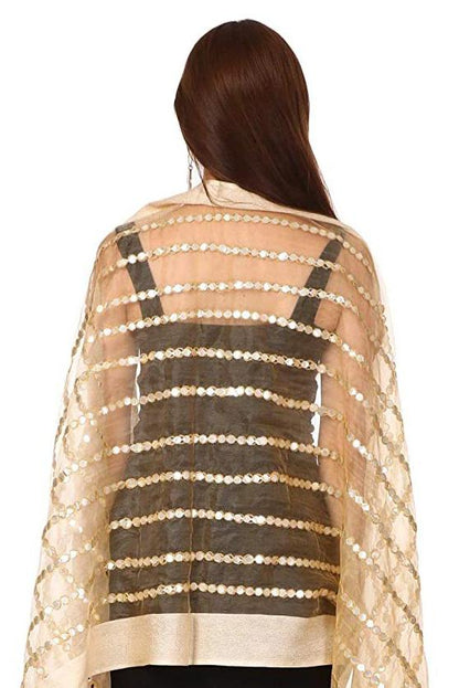Pashtush Womens Chiffon Handmade Dupatta With Sequin And Mirror Work Embroidery, Light Weight, Beige, Free Size