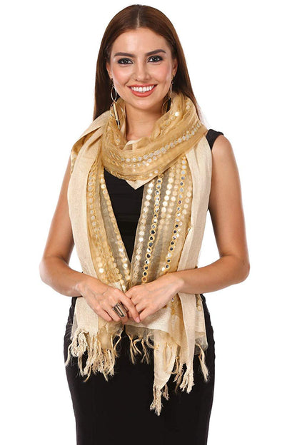 Pashtush Womens Chiffon Handmade Dupatta With Sequin And Mirror Work Embroidery, Light Weight, Beige, Free Size