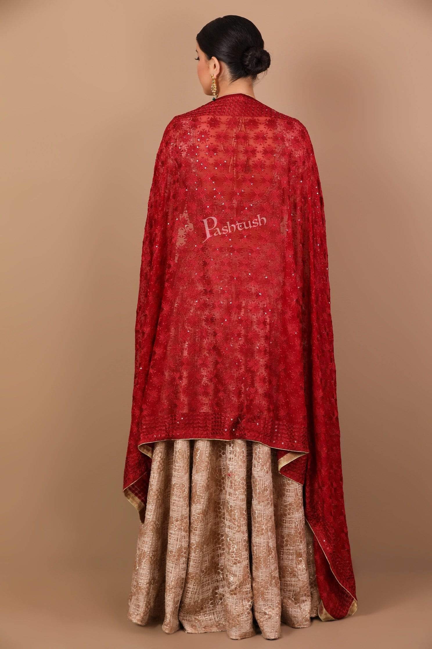 Pashtush Shawl Store Dupatta Pashtush Womens Chiffon Phulkari Dupatta, Scarlet