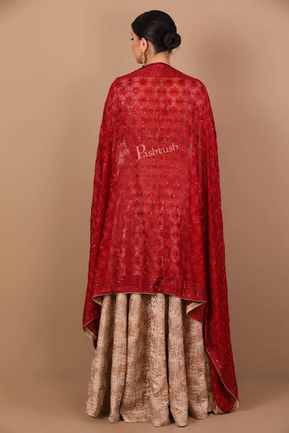 Pashtush Shawl Store Dupatta Pashtush Womens Chiffon Phulkari Dupatta, Scarlet