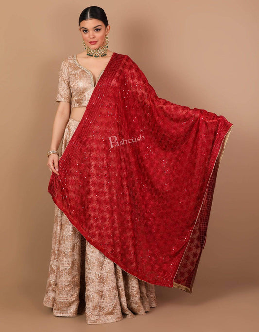 Pashtush Shawl Store Dupatta Pashtush Womens Chiffon Phulkari Dupatta, Scarlet