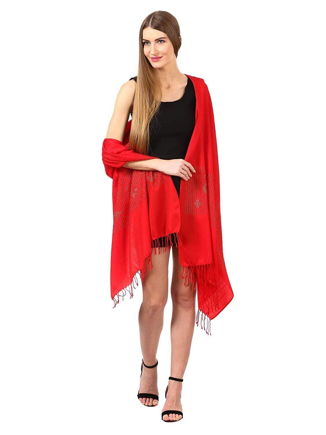 Pashtush Womens Crystal Swaroskovi Embellished Scarf, Stole Red