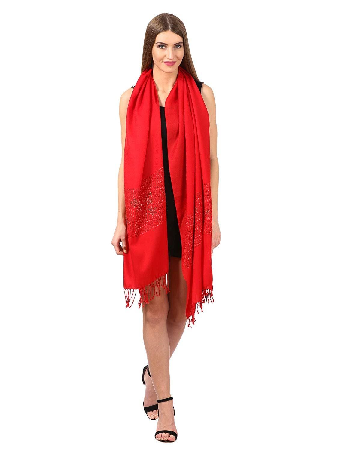 Pashtush Womens Crystal Swaroskovi Embellished Scarf, Stole Red
