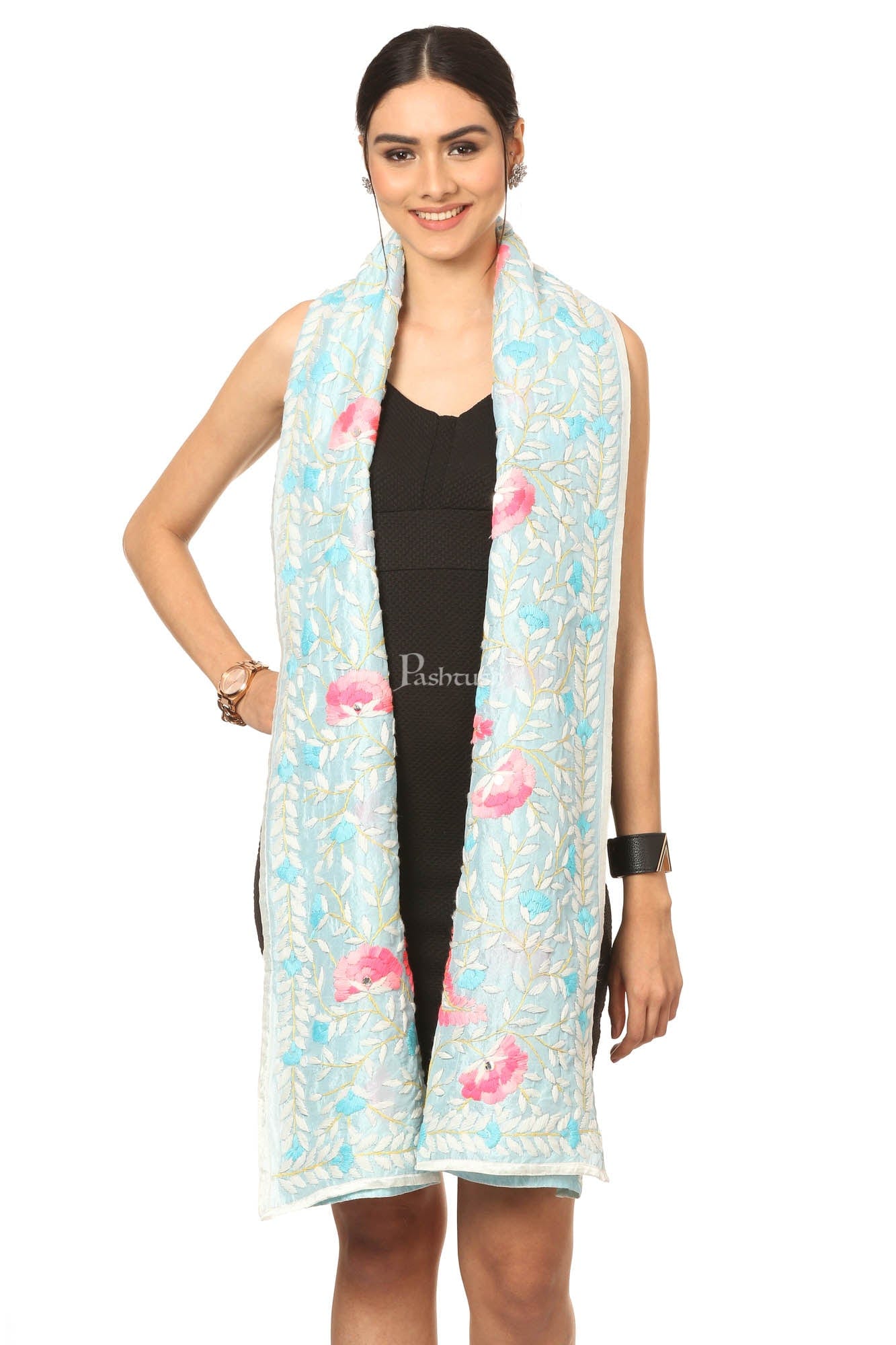 Pashtush India Womens Dupatta Pashtush Womens Dupatta, 100% Hand Embroidered Kantha Needlework Work, Free Size, Blue