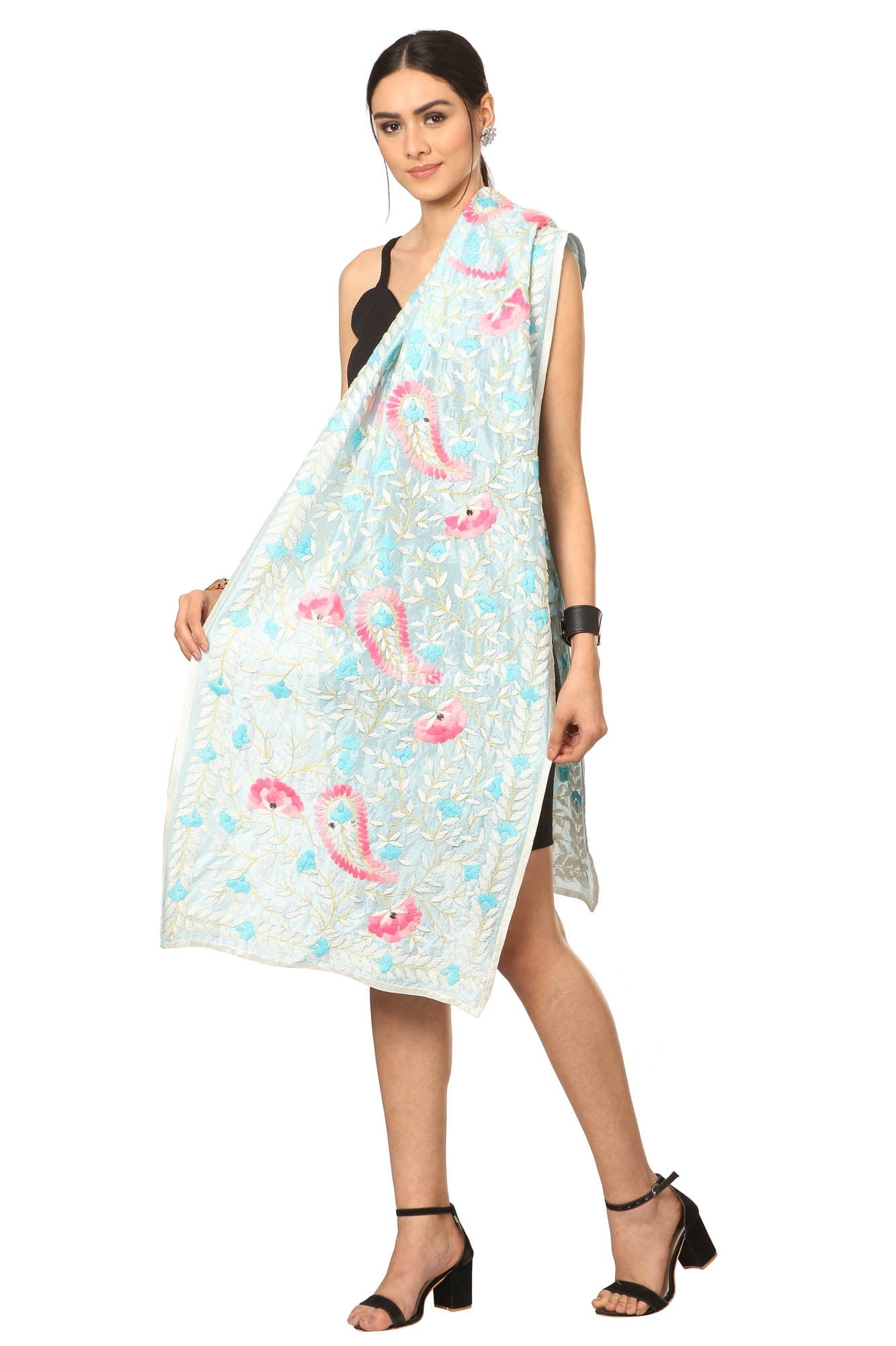 Pashtush India Womens Dupatta Pashtush Womens Dupatta, 100% Hand Embroidered Kantha Needlework Work, Free Size, Blue