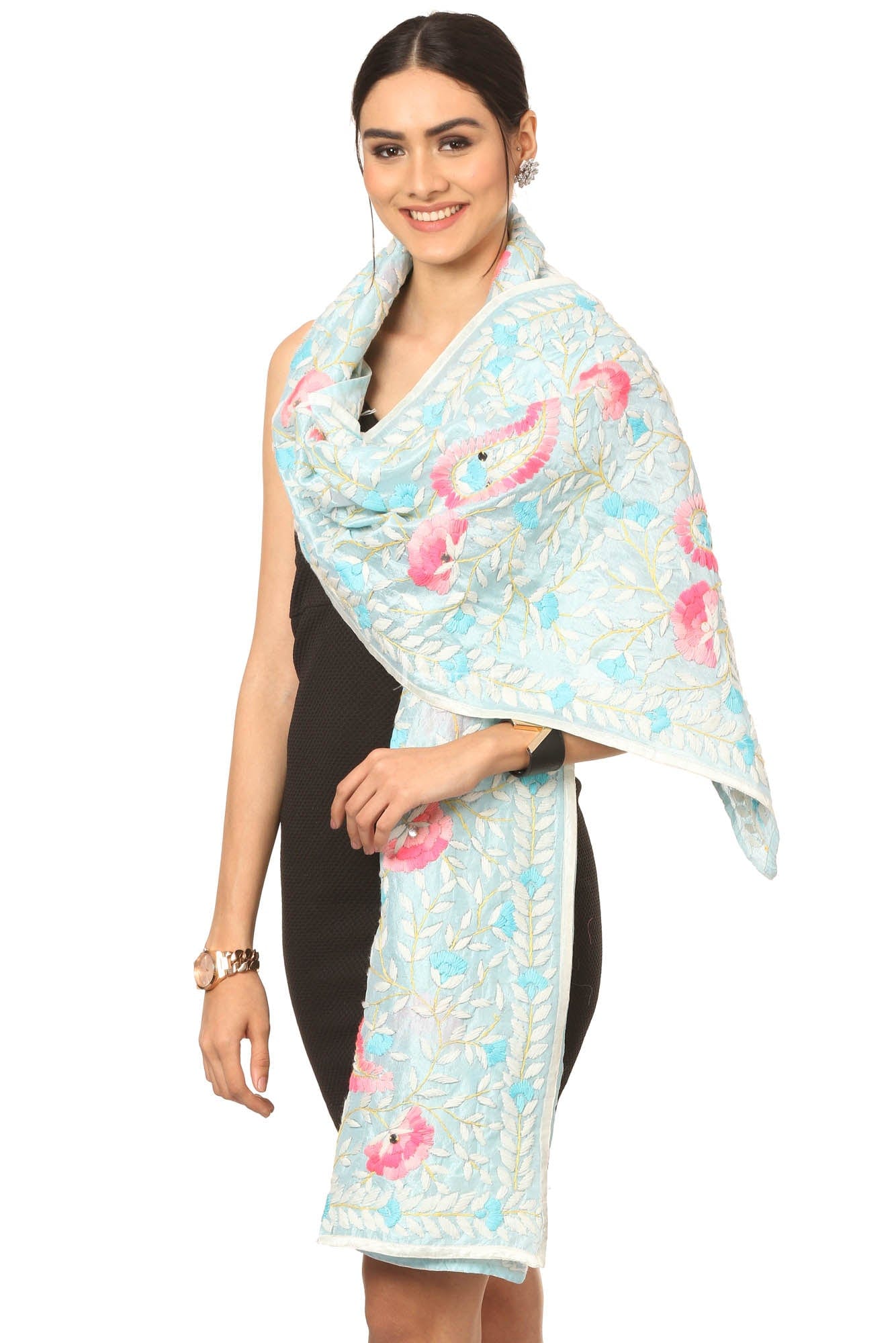 Pashtush India Womens Dupatta Pashtush Womens Dupatta, 100% Hand Embroidered Kantha Needlework Work, Free Size, Blue