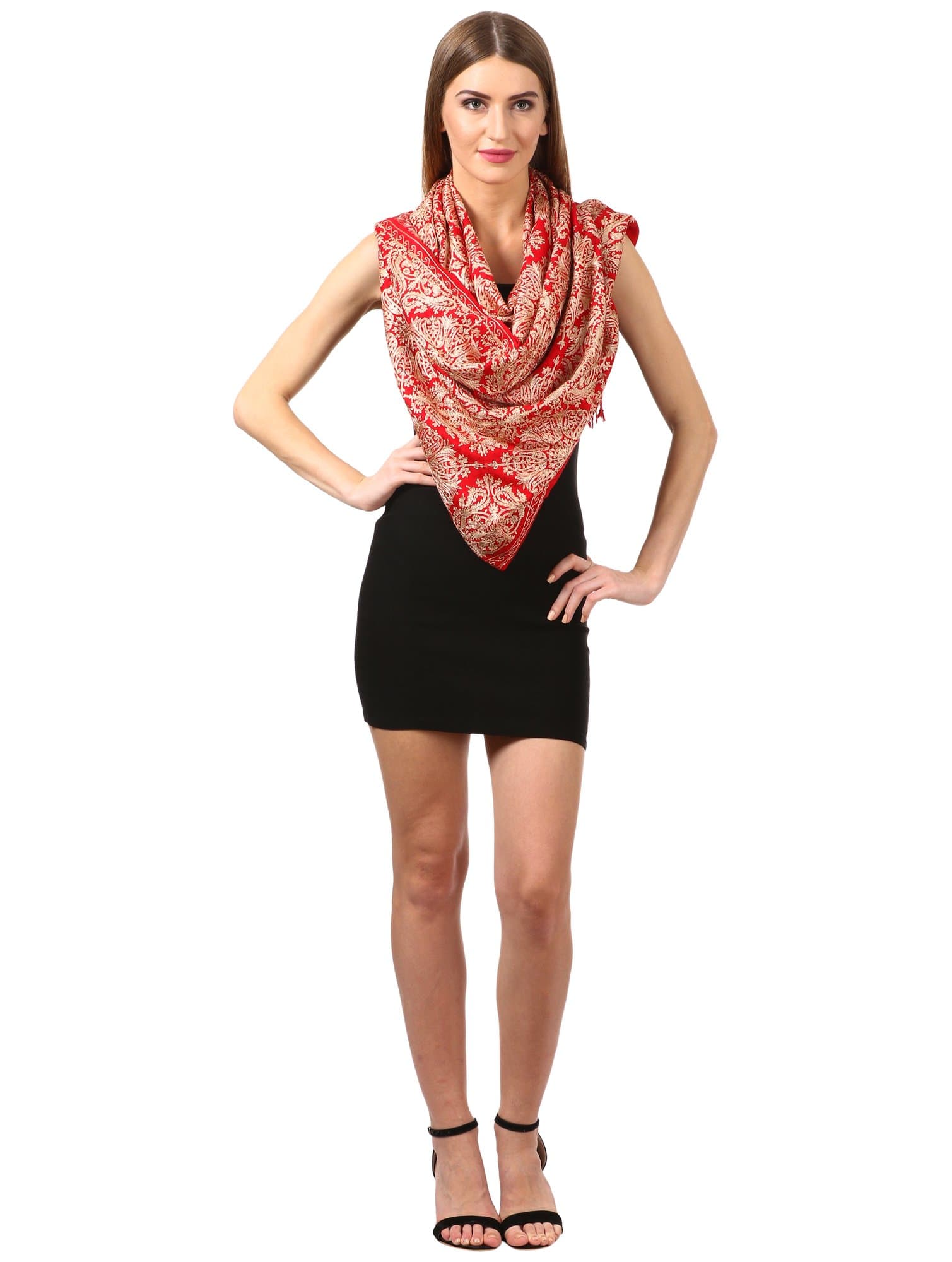 Pashtush India 70x200 Pashtush Womens Embroidered Bamboo Scarf, Soft Faux Pashmina, Scarlet Red