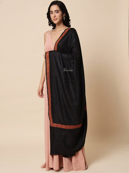 Pashtush India Womens Shawls Pashtush Womens Embroidered Shawl, Neem Daur with Paisley Border Shawl, Black