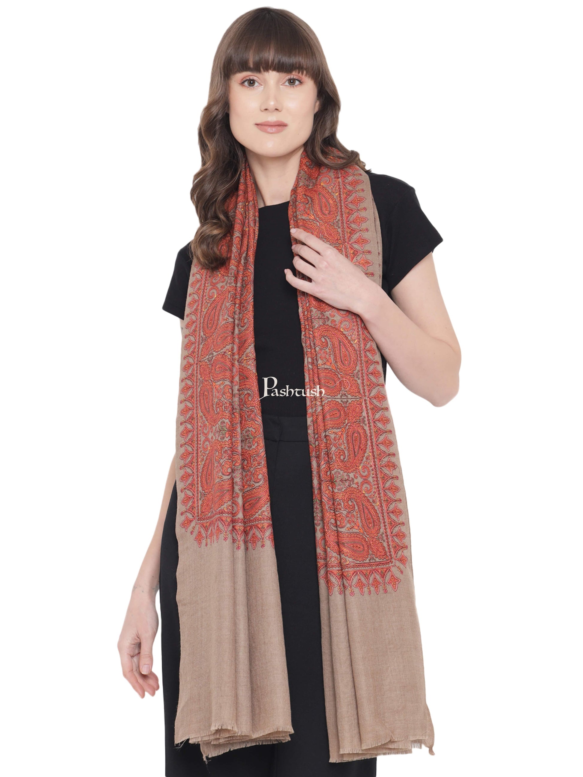 Pashtush India Womens Shawls Pashtush Womens Embroidery Jaal Jamawar Shawl, Intricate Heritage Collection, Taupe