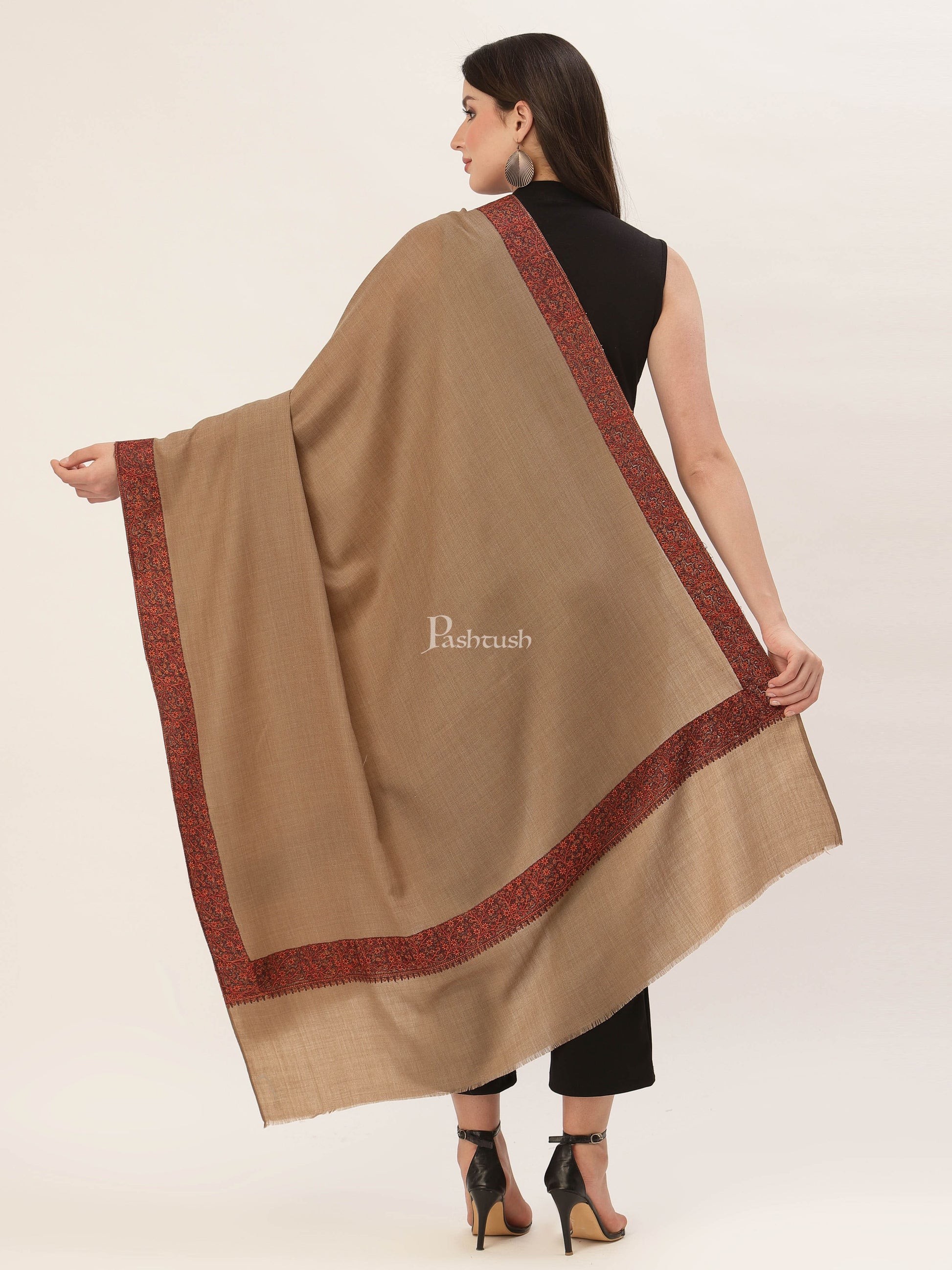 Pashtush India Womens Shawls Pashtush Womens Embroidery Shawl, Challa Daur Border, Fine Wool
