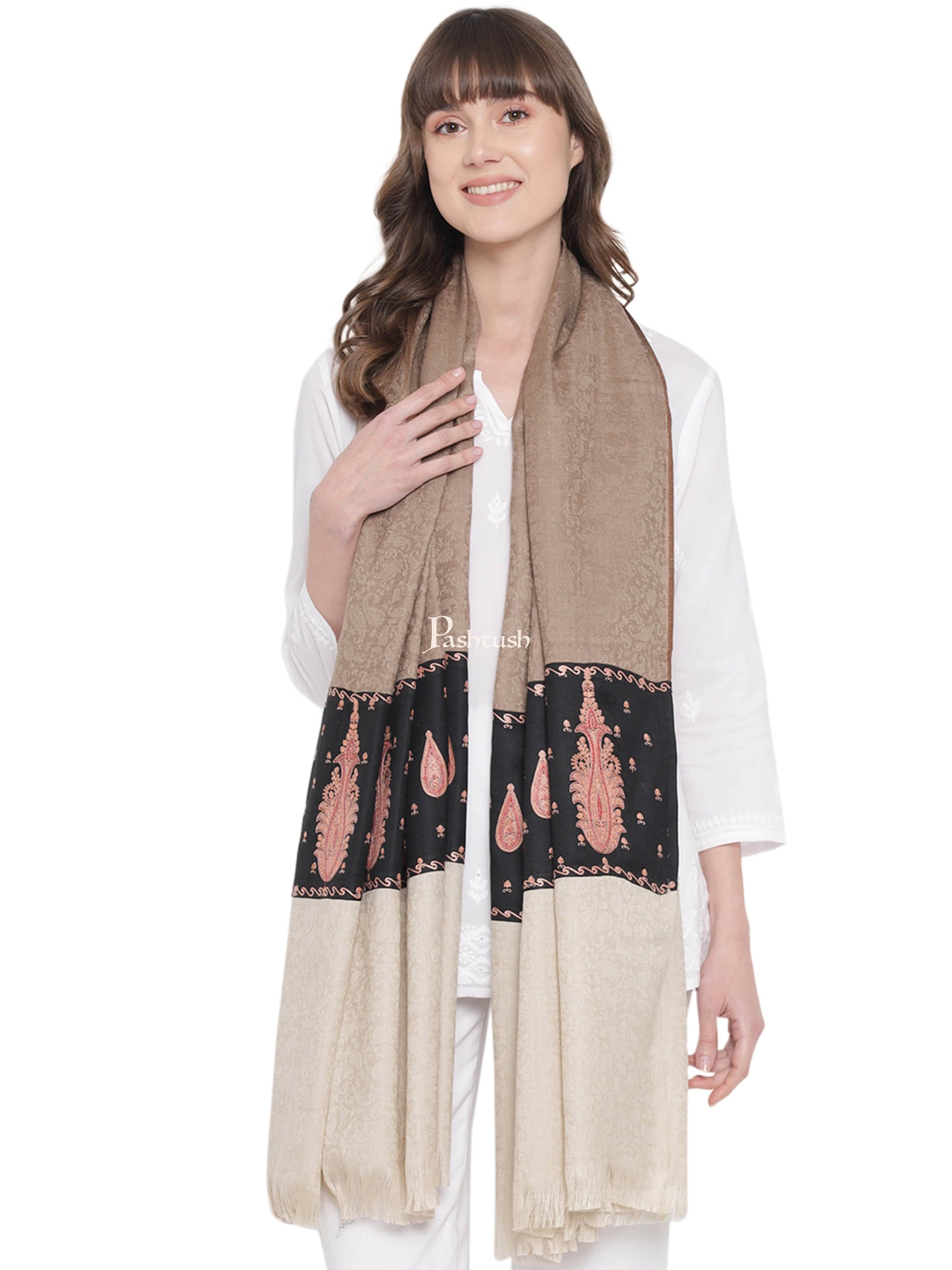 Pashtush India Womens Shawls Pashtush Womens Embroidery Shawl, Fine Wool, Paiseley Stitched Palla, Beige and Black