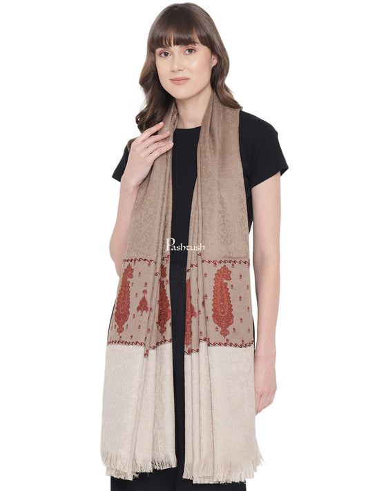 Pashtush India Womens Shawls Pashtush Womens Embroidery Shawl, Fine Wool, Paiseley Stitched Palla, Taupe
