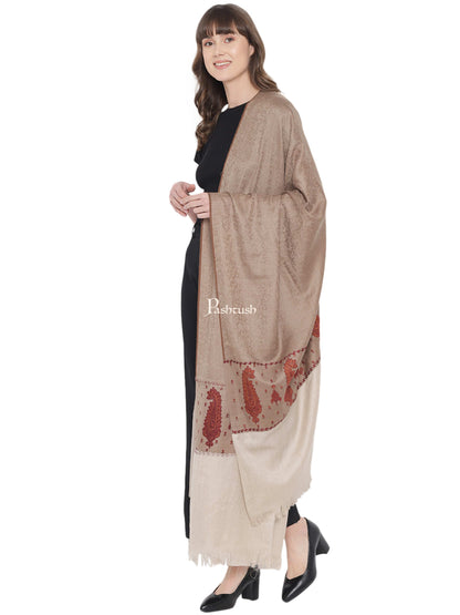 Pashtush India Womens Shawls Pashtush Womens Embroidery Shawl, Fine Wool, Paiseley Stitched Palla, Taupe