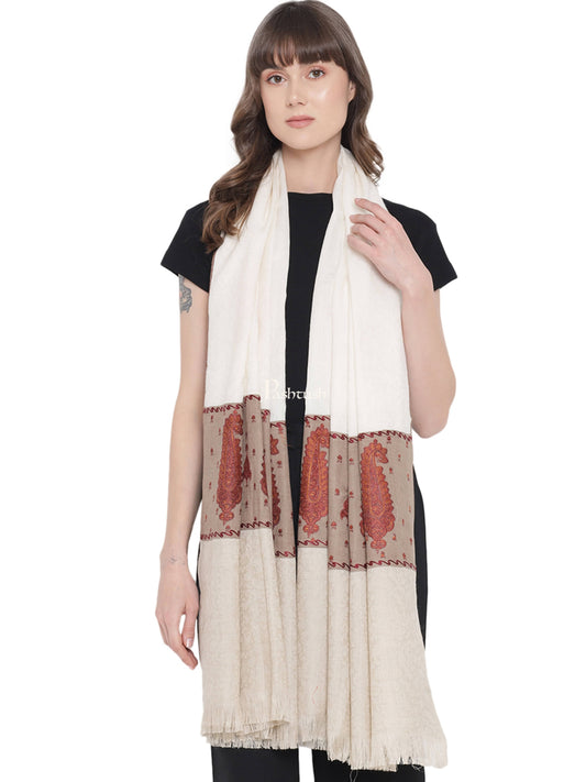 Pashtush India Womens Shawls Pashtush Womens Embroidery Shawl, Fine Wool Self Stitched Palla, Beige and Ivory