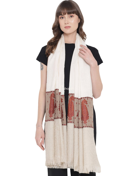 Pashtush India Womens Shawls Pashtush Womens Embroidery Shawl, Fine Wool Self Stitched Palla, Beige and Ivory