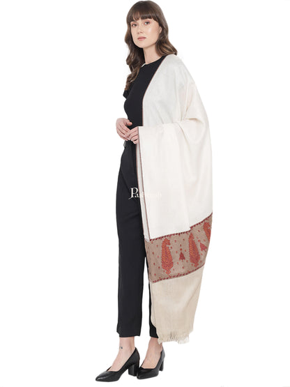 Pashtush India Womens Shawls Pashtush Womens Embroidery Shawl, Fine Wool Self Stitched Palla, Beige and Ivory