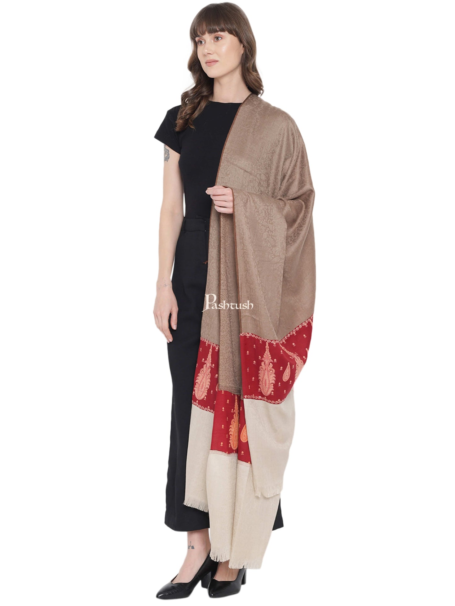 Pashtush India Womens Shawls Pashtush Womens Embroidery Shawl, Fine Wool Self Stitched Palla, Beige and Maroon