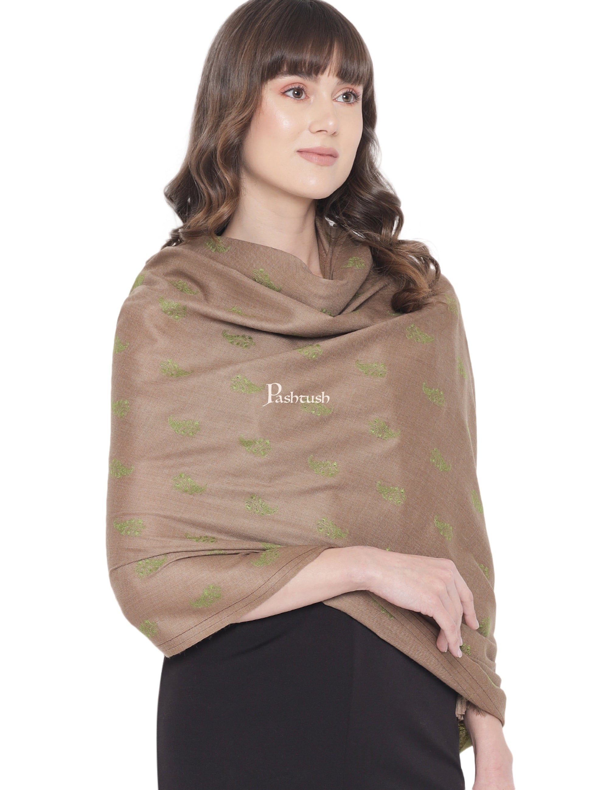 Pashtush India Womens Shawls Pashtush Womens Embroidery Shawl, Jaal Design, Fine Wool, Beige and Emerald Green