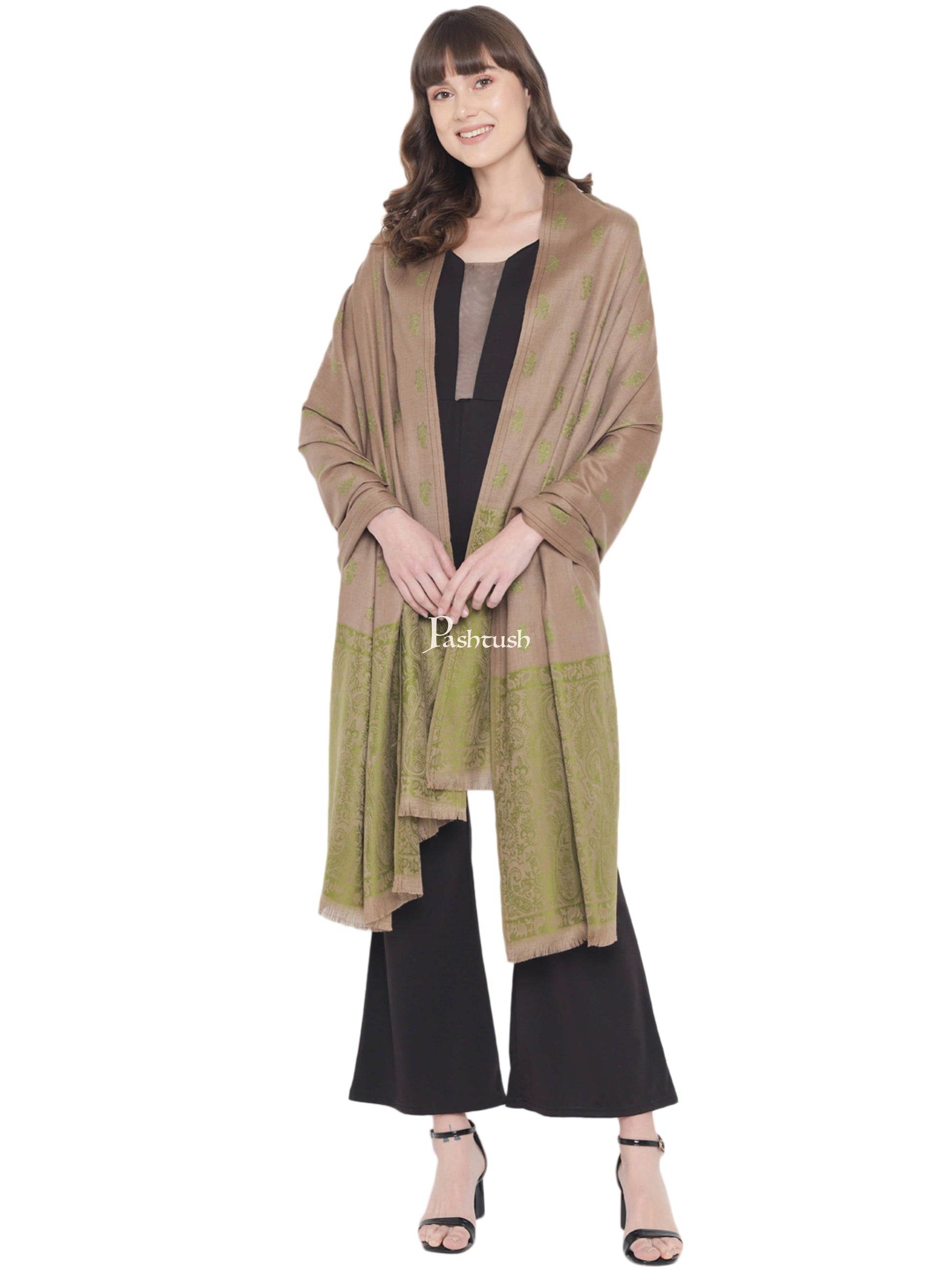 Pashtush India Womens Shawls Pashtush Womens Embroidery Shawl, Jaal Design, Fine Wool, Beige and Emerald Green